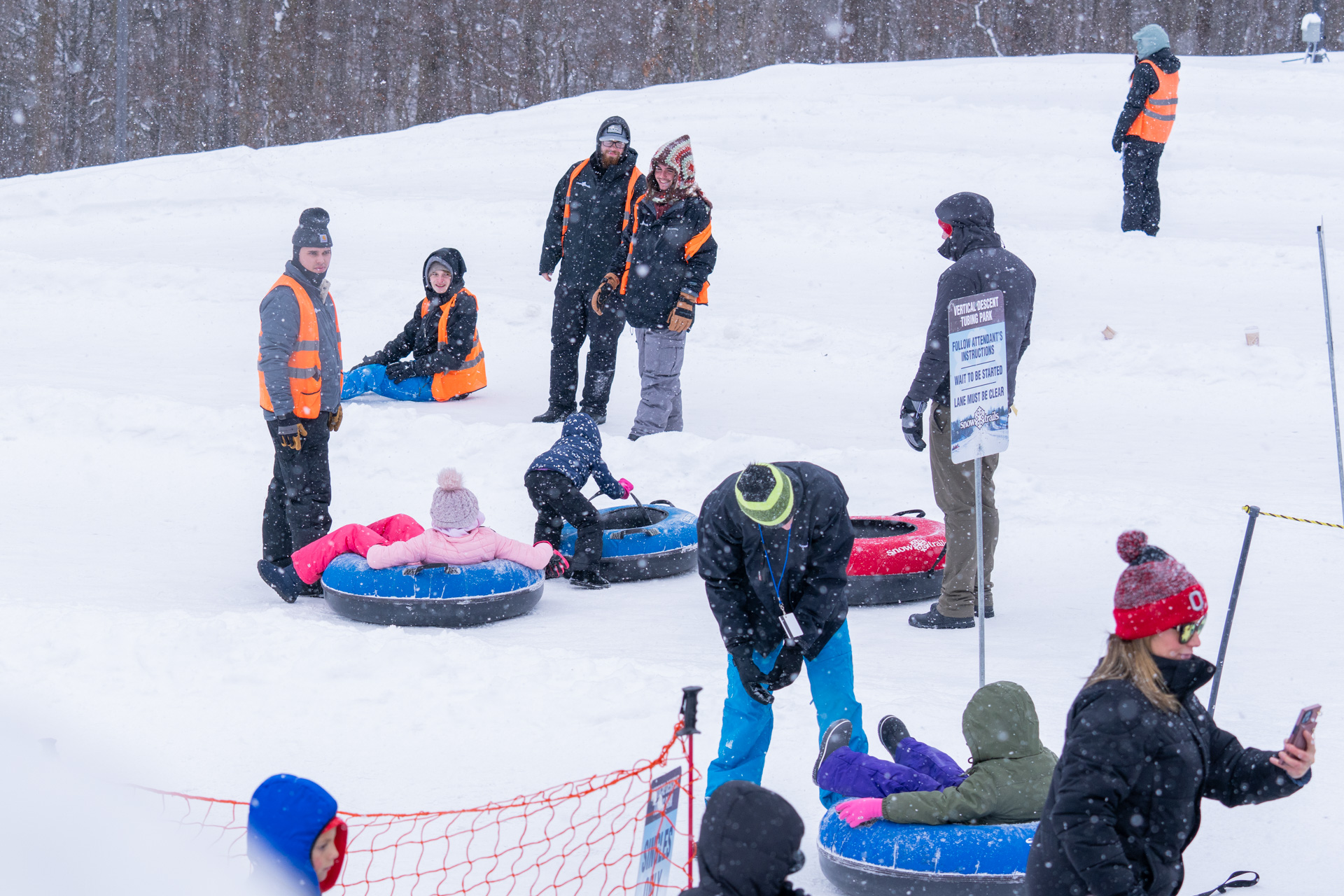 Tubing Park Team with Guests at top of Tubing Lanes - Winter Employment at Snow Trails in Mansfield, Ohio